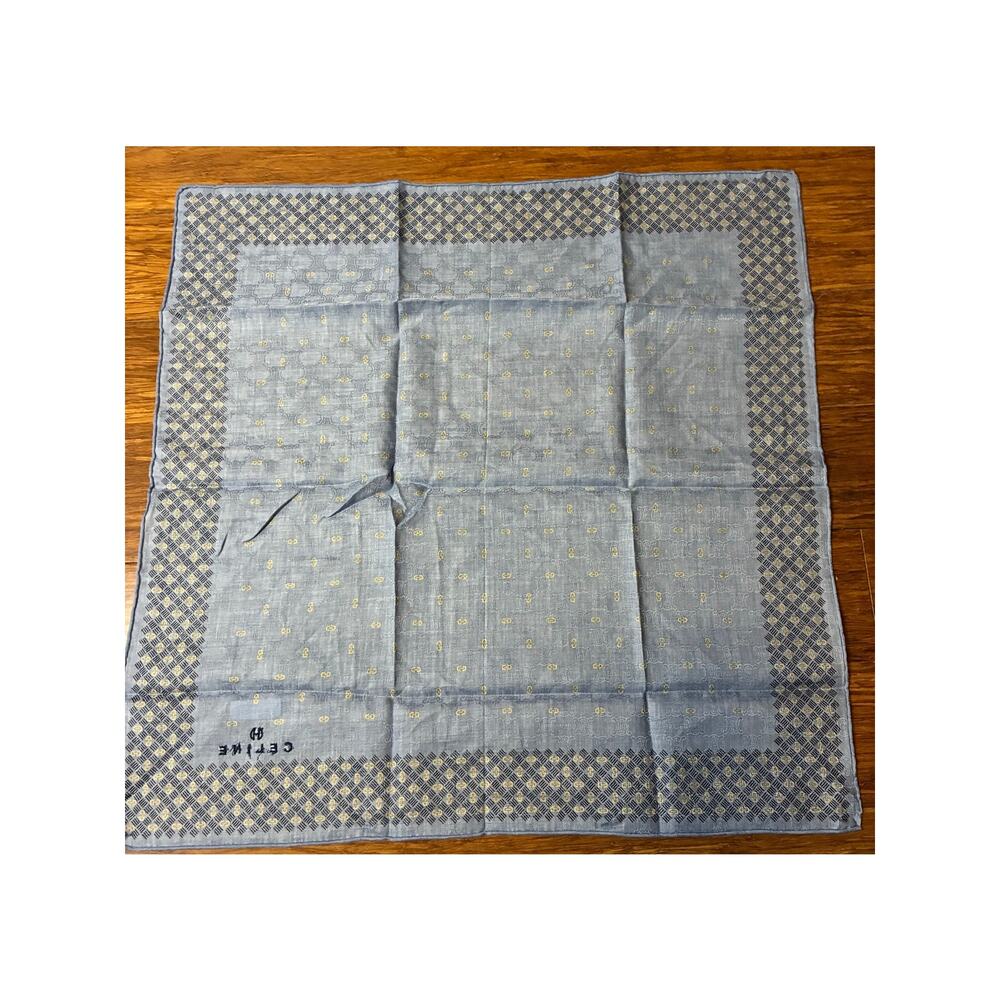 Celine Paris Handkerchief Scarf Blue/Grey Geometric Border Cotton Pocket Square - Picture 2 of 7